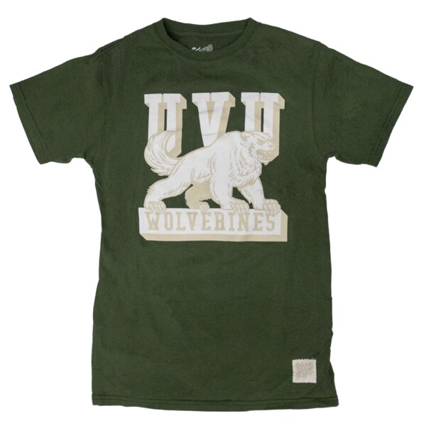 dark green tee with a large drawing of a wolverine standing atop the word “wolverines” with a large “UVU” behind it in white and light tan colors